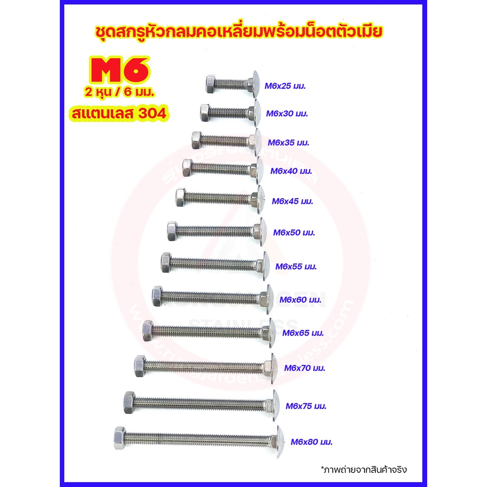 สกรูหัวกลมคอเหลี่ยมสแตนเลส M6 เกรด 304 (น็อต+ตัวเมีย(ธรรมดา) - 10 ชุด/แพ็ค)