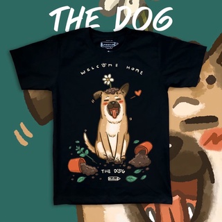 เสื้อยืดผ้าฝ้ายพิมพ์ลายขายดีThe Dog " welcome home " on Black t-shirt เสื้อยืด พรีเมี่ยม สีดำ ลายน้องหมาไทย