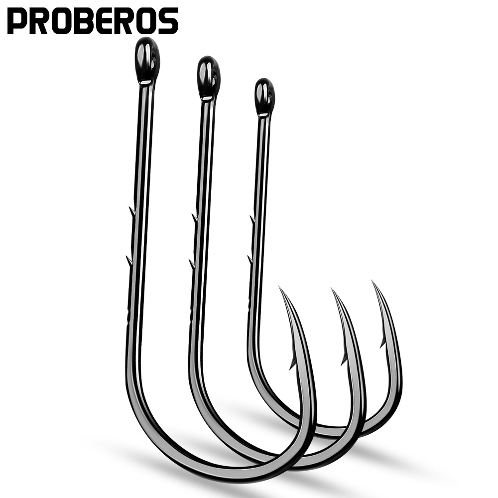 Proberos 50 ชิ้นตะขอตกปลาเดี่ยว 2/0-6/0 # Fishhooks Baitholder สีดําสี Jig Big Hooks Barbed Hooks ตกปลา Takcle