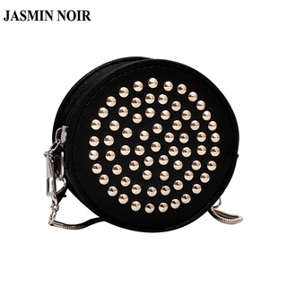 Jasmin Noir กระเป๋าสะพายข้าง หนัง PU ประดับหมุด ทรงกลม สําหรับผู้หญิง