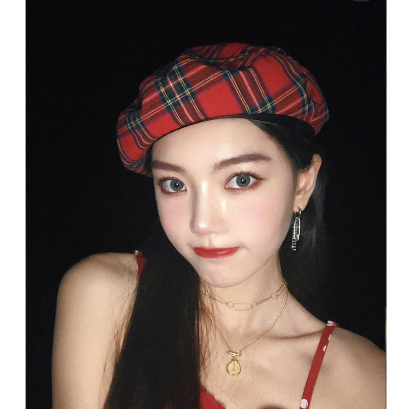 หมวกเบเร่ต์ ลายตารางหมากรุก สีแดง สไตล์เกาหลี และญี่ปุ่น เรโทร สําหรับผู้หญิง