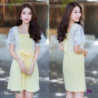 TW9056 Mini Dress มินิเดรสแขนบานทรงหรูหรา เนื้อผ้าวูฟเวฟแต่งลูกไม้ มีเชือกผูกเอวะ มีซิปหลังยาวค่ะ