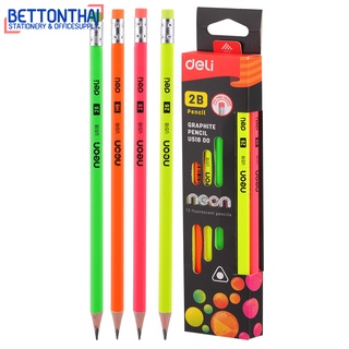 Deli U51800 Graphite Pencil ดินสอไม้ 2B ทรง 3 เหลี่ยม สีสันสดใสโดดเด่นด้วยสีนีออน แพค 12 แท่ง ดินสอ ดินสอ2B school