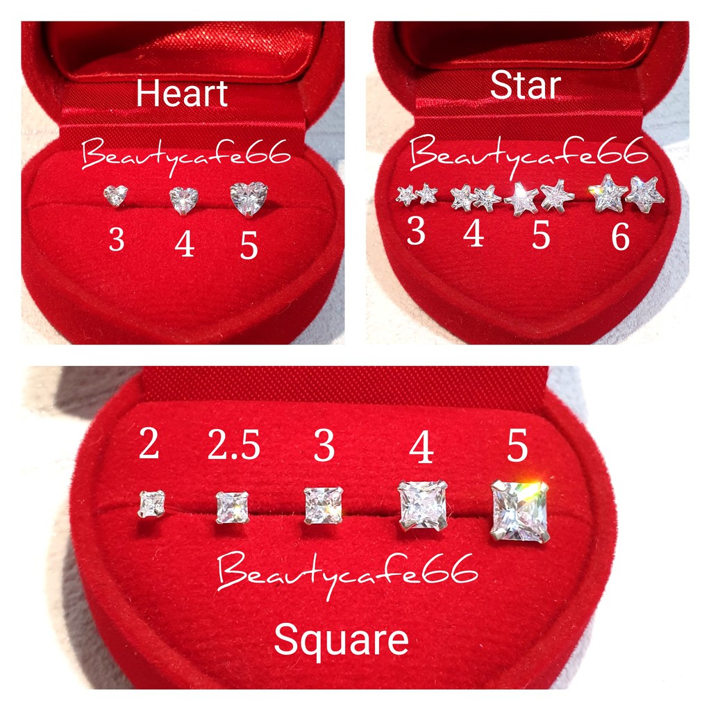 Silver925 (1 คู่) ต่างหูเพชร CZ ทรงเหลี่ยม หัวใจ ดาว Square Heart Star เงินแท้ 92.5%
