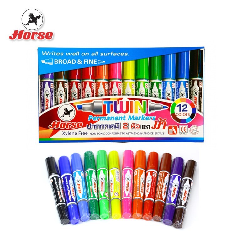ปากกาเคมี 12 สี ตราม้า Horse แบบ 2 หัว (12 สี 12 แท่ง) บรรจุในกล่อง (Permanent Markers) ปากกาเคมี ho