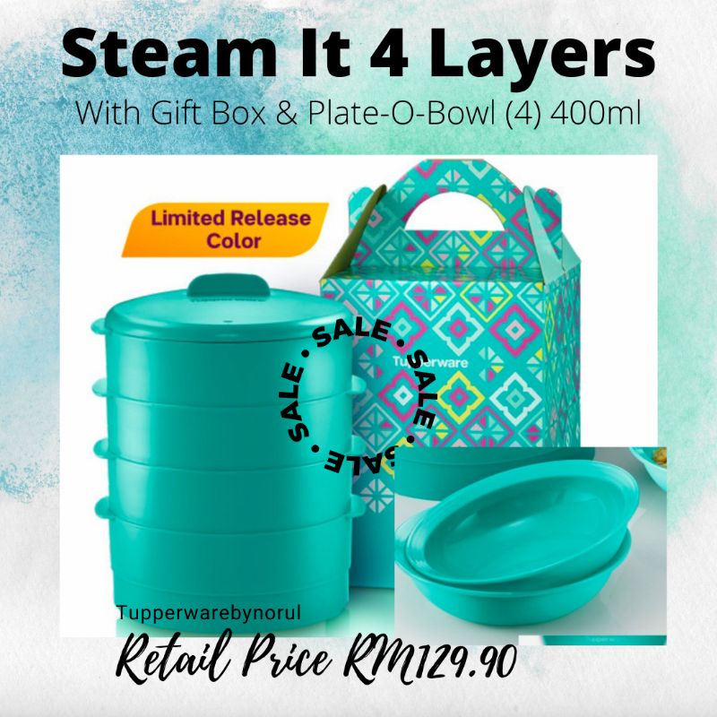 Tupperware Brands Steam It (ชมพู/เขียว) 4 ชั้นพร้อมถ้วยนึ่งได้ / จาน O Bowl (4) 400ml