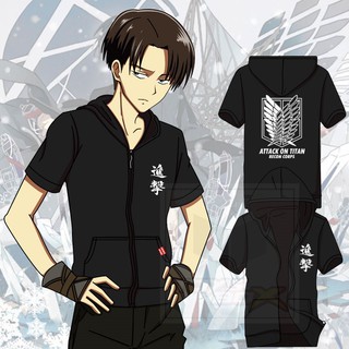 ⚔เสื้อฮู้ดแขนสั้นสีดำผ้า Cotton ลายสัญลักษณ์หน่วยสำรวจ Attack on Titan💯