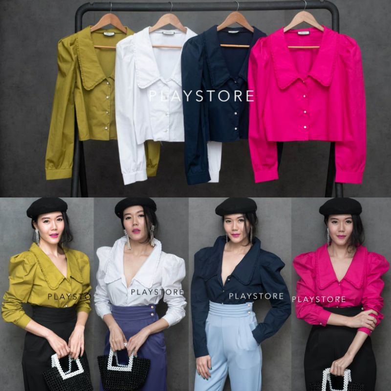 ️Mirrorsister #30927.6 เสื้อเชิ้ตคอวีปกใหญ่ เสื้อแขนยาว ทำงาน