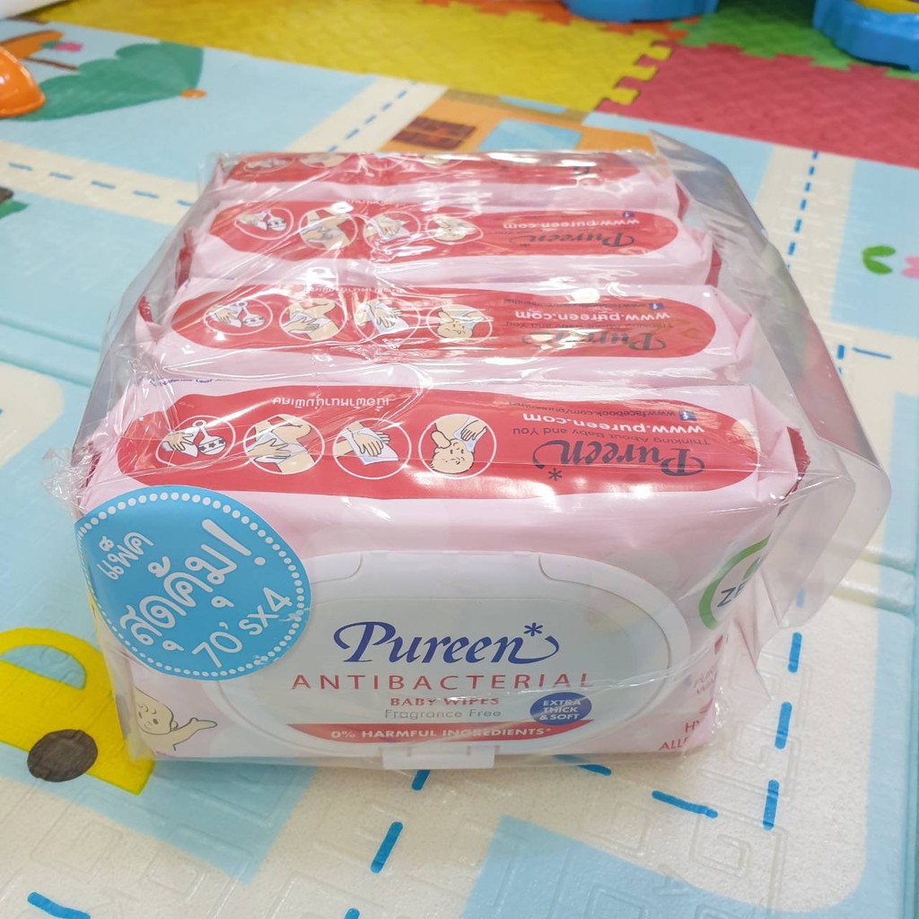 PUREEN ผ้าเช็ดทำความสะอาด สูตรแอนตี้แบคทีเรีย*แพ็ค4ห่อสีแดง*