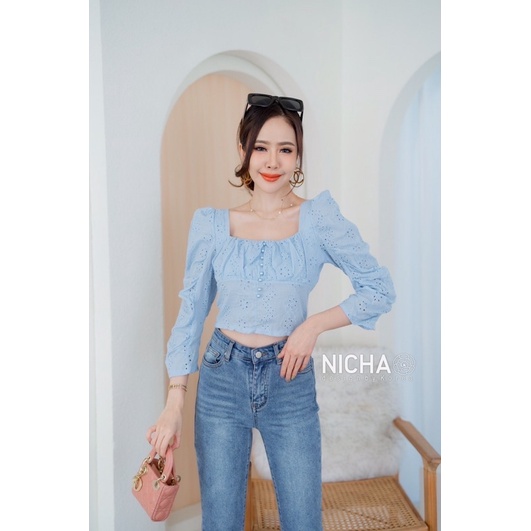 NICHA online🛒เสื้อครอปผ้า ZARA cottonเนื้อนุ่ม ลายฉลุดอกไม้ ดีไซน์น่ารักแขนยก ตกแต่งกระดุมมุกตามสีผ้า สีพาสเทลสุดฮิต - รูปที่ 6