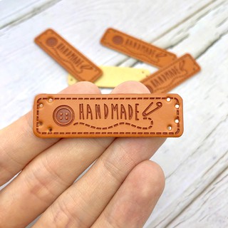 Brown "Handmade" PU Labels for Handmade Items Button Paper Clip Motif Synthetic PU Leather Tags 50x15mm