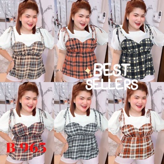 965. B เสื้อสาวอวบรุ่นชิ้นต่อสายเดี่ยวลายสก๊อตผูกโบว์ไหล่