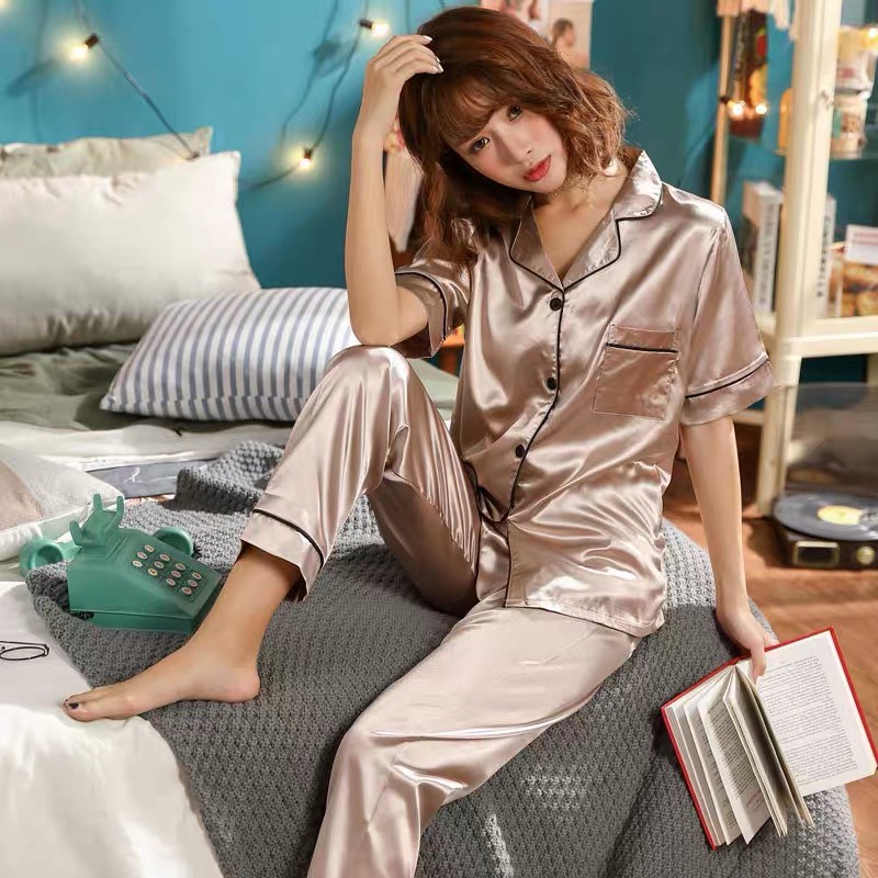 ชุดนอนผ้าซาตินแขนสั้นขายาว ชุดนอนผู้หญิง ผ้าลื่น ซาตินใส่สบายไม่คัน - รูปที่ 2