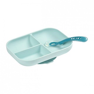 BEABA ชุดจานซิลิโคนแบบแบ่งช่อง พร้อมช้อนซิลิโคน Silicone Suction Divided Plate with Spoon- Blue