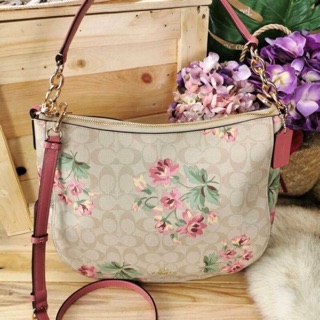 🍀Coach ELLE HOBO IN SIGNATURE CANVAS WITH LILY PRINT (COACH F72656) LIGHT KHAKI/PINK MULTI/IMITATION GOLD