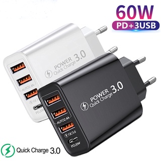 อะแดปเตอร์ชาร์จโทรศัพท์มือถือ 60W USB C ปลั๊ก EU US Type C PD 3.0 ชาร์จไว