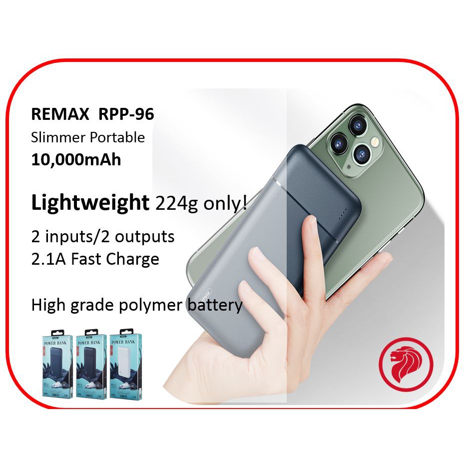 [พร้อมส่ง] พาวเวอร์แบงค์ 10,000 mAh REMAX RPP-96 ชาร์จเร็ว | Shopee ...