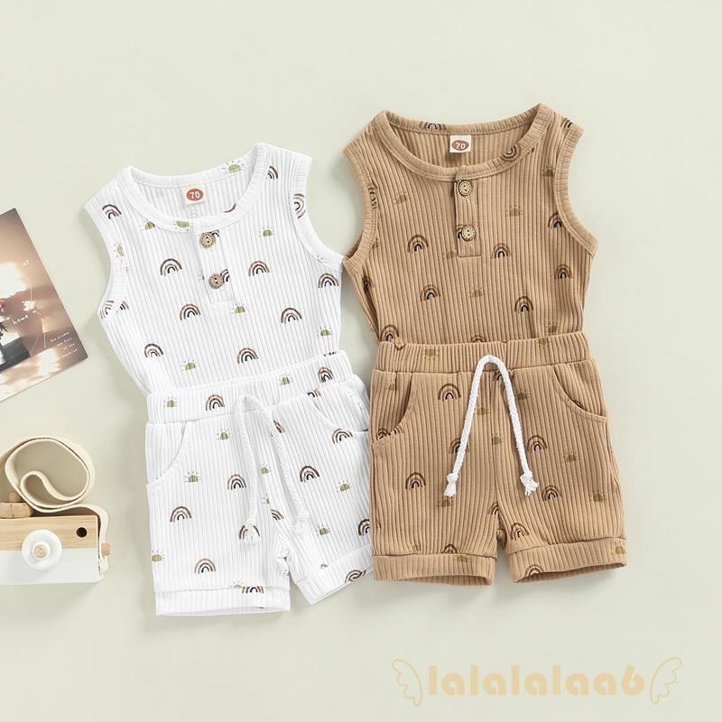 Laa6-2 ชิ้นเด็กฤดูร้อน Sun Rainbow พิมพ์รอบคอเสื้อแขนกุด + ชุดกางเกงขาสั้น
