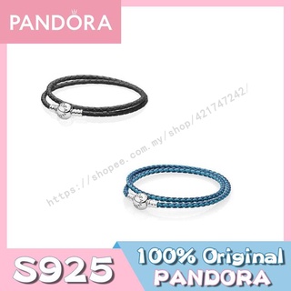 ⛯Pandora สร้อยข้อมือหนัง s925 ถักสีฟ้า สองชั้น สีดํา