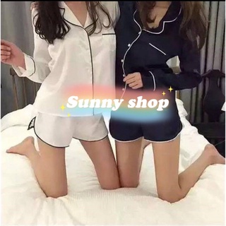 ชุดนอนแฟชั่นเกาหลี，ชุดนอนผ้าซาตินWomenเสื้อแขนยาว+กางเกงขาสั…