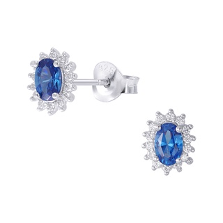 SILVER THAI Silver Oval Shape Blue CZ Stud Earrings ต่างหูรูปไข่ cz สีฟ้าต่างหูเงินแท้ 92 .5%