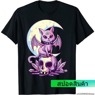 เสื้อยืดพิมพ์ลายแมวแม่มดกะโหลกสีพาสเทลสไตล์ Goth Wiccan