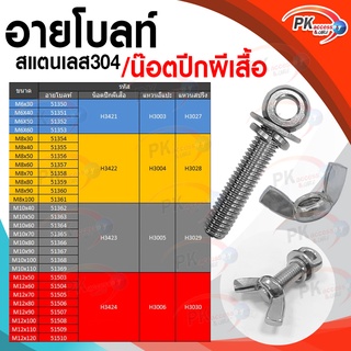 อายโบลท์ S สแตนเลส 304 M12 แบบชุดขนาดเล็ก ประกอบด้วย (อายโบลท์+แหวนอีแปะ+แหวนสปริง+น็อตปีกผีเสื้อ)