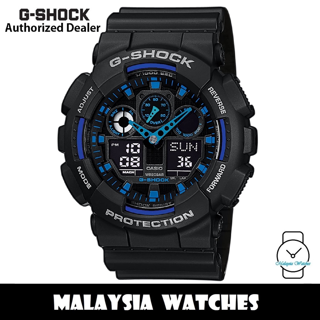 G*s*h*o*c*k GA-100-1A2 Analog-Digital Resin นาฬิกาสีดําและสีน้ําเงินแฟชั่นเรซิ่นสายนาฬิกา k184
