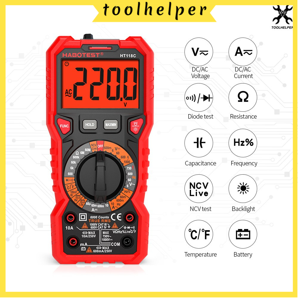 Habotest HT118C เครื่องวัดแรงดันไฟฟ้าดิจิทัล มัลติมิเตอร์ ช่วงนับ 6000 หน่วย RMS