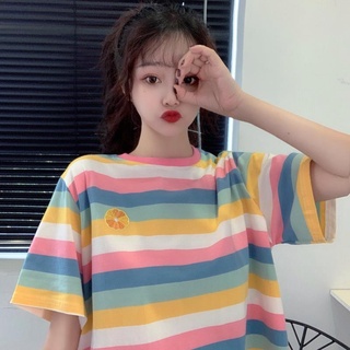 2021 new summer short-sleeved womens T-shirt loose Korean style student ins trendy rainbow striped tops