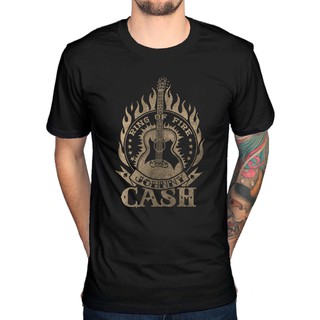 ใหม่ เสื้อยืดผู้ชาย ลาย Johnny Cash Ring of Fire Guitar สีดํา