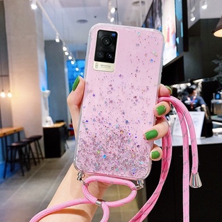 เคสป้องกันโทรศัพท์มือถืออีพ็อกซี่ใส แบบนิ่ม ลายดาว มีสายคล้อง สําหรับ VIVO X70 X70Pro X60 X60Pro X50 X50Pro