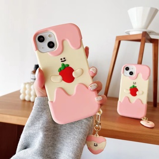 ขายดี เคสโทรศัพท์มือถือ ซิลิโคนนุ่ม ลายสตรอเบอร์รี่ 3D พร้อมพวงกุญแจ สําหรับ Iphone 13 12 11 pro max xr x xs max 7 plus 8 plus 6 plus 6s plus