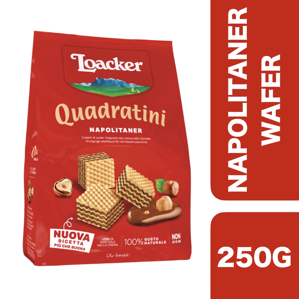 Loacker Wafer Quadratini Napolitaner Hazelnut 250g (Red) ++ ล็อคเกอร์ เวเฟอร์ ควอดราตินีนาโพลิแทนเนอ