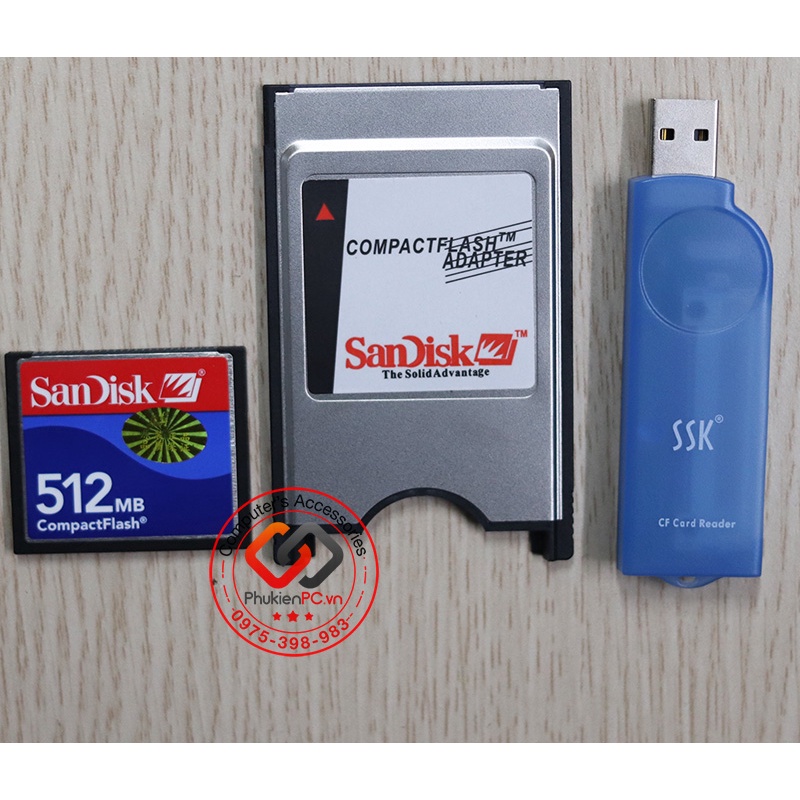 Sandisk 512MB CF Memory Card Combo, PCMCIA 68 IDE/ATA Card jacket, SSK CF USB Card reader สําหรับเคร