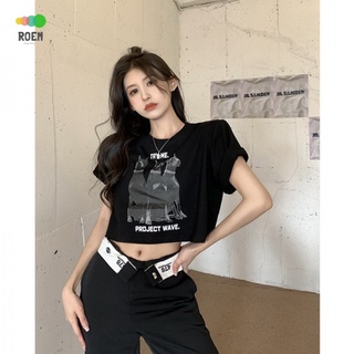 Summer round neck hot girls Black letter print short shoulder short-sleeved T-shirt ins loose design sense top trendy women