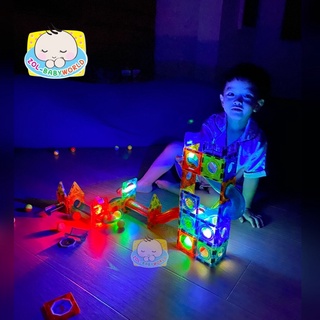 ของแท้ (กล่องภาษาอังกฤษ)ตัวต่อแม่เหล็กบล็อกสไลด์ พร้อมลูกบอล มีไฟ Light Magnetic Blocks / Marble Run Set