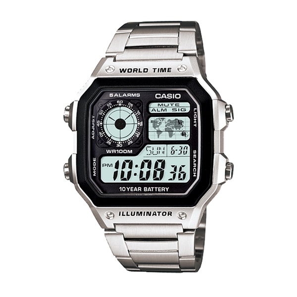 Casio Standard นาฬิกาข้อมือผู้ชาย สายสเตนเลสสตีล รุ่น  AE-1200WHD-1A / สีเงิน