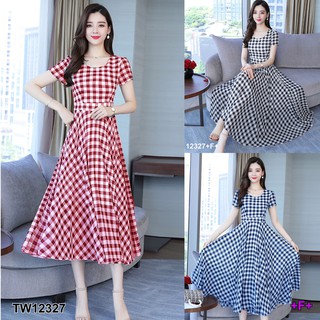 GN12327 **รบกวนสอบถามก่อนสั่งซื้อจ้า** เดรสคอกลมแขนสั้นลายสก็อต Dress