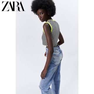 ZARA KNIT COLLECTION  เสื้อเเขนกุดตารางขาวดำ ไหมพรมหนาพิเศษสวยมาก  อก -40 ยาว 15"