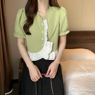 เสื้อเชิ้ต S-2XL หวาน อ่อนโยน เสื้อแขนสั้น อารมณ์ สั้น เสื้อ