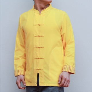 เสื้อผ้าฝ้ายผู้ชาย เนื้อดี คอจีนกระดุมจีน แขนยาว สีเหลือง