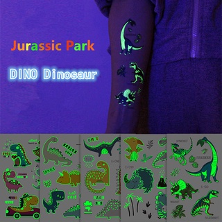 สติกเกอร์รอยสักชั่วคราว ลายไดโนเสาร์ DINO เรืองแสงในที่มืด สําหรับเด็ก