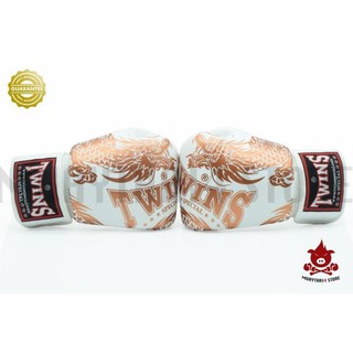 นวมชกมวย TWINS SPECIAL BOXING GLOVES FBGV 49 Dragon Style White / Copper นวมต่อยมวย หนังแท้ สีขาว ลายมังกร ลายสีทองแดง