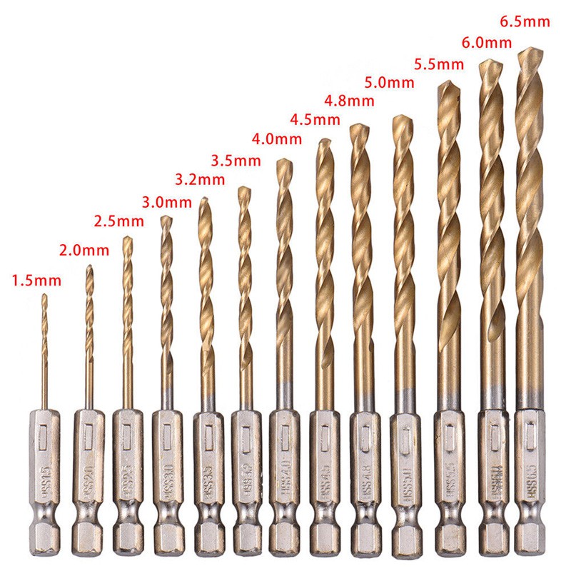 13pcs HSS Titanium Coated Twist Drills Bit Set Hex Shank Quick Change Tools