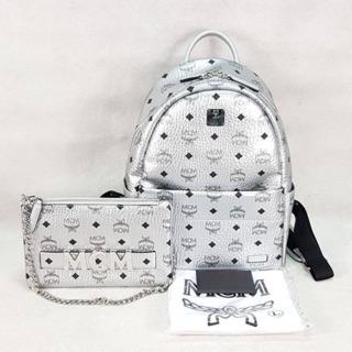 (ผ่อน0%)🚩แท้💯 MCM Trilogie Stark Small/Medium  Backpack in Visetos silver  Size37 (ไม่แท้คืนเงิน)