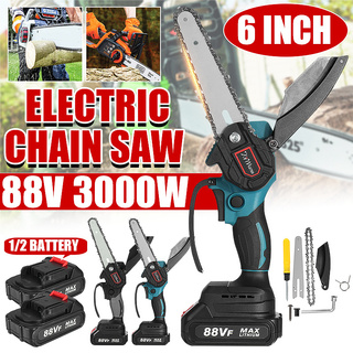 เลื่อยโซ่ไฟฟ้าไร้สาย 4 6 8 นิ้ว 88V 3000W พร้อมแบตเตอรี่ 2 ก้อน สําหรับงานไม้