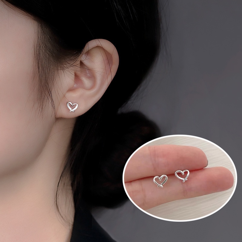 1คู่น่ารักเงินหัวใจต่างหูสตั๊ดต่างหูเรขาคณิตที่เรียบง่าย