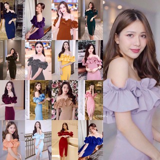 BG11284 Dress ปาดไหล่ ระบายรอบ ทรงเข้ารูป ผ่าด้านหน้า ผ้าซาร่าสีพื้น ใส่ออกงานได้ค่ะ มีซิปหลัง พร้อมส่ง