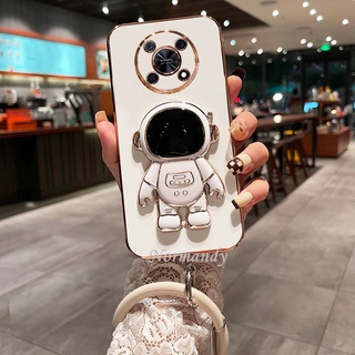 Luxurious เคส Casing for Huawei Nova Y90 Y70 9 SE 8i P50 Pro Honor 70 X8 X9 5G Plating Handphone Case Camera Protection Cover with Astronaut Folding Stand Silicone Wristband Soft Case เคสโทรศัพท์